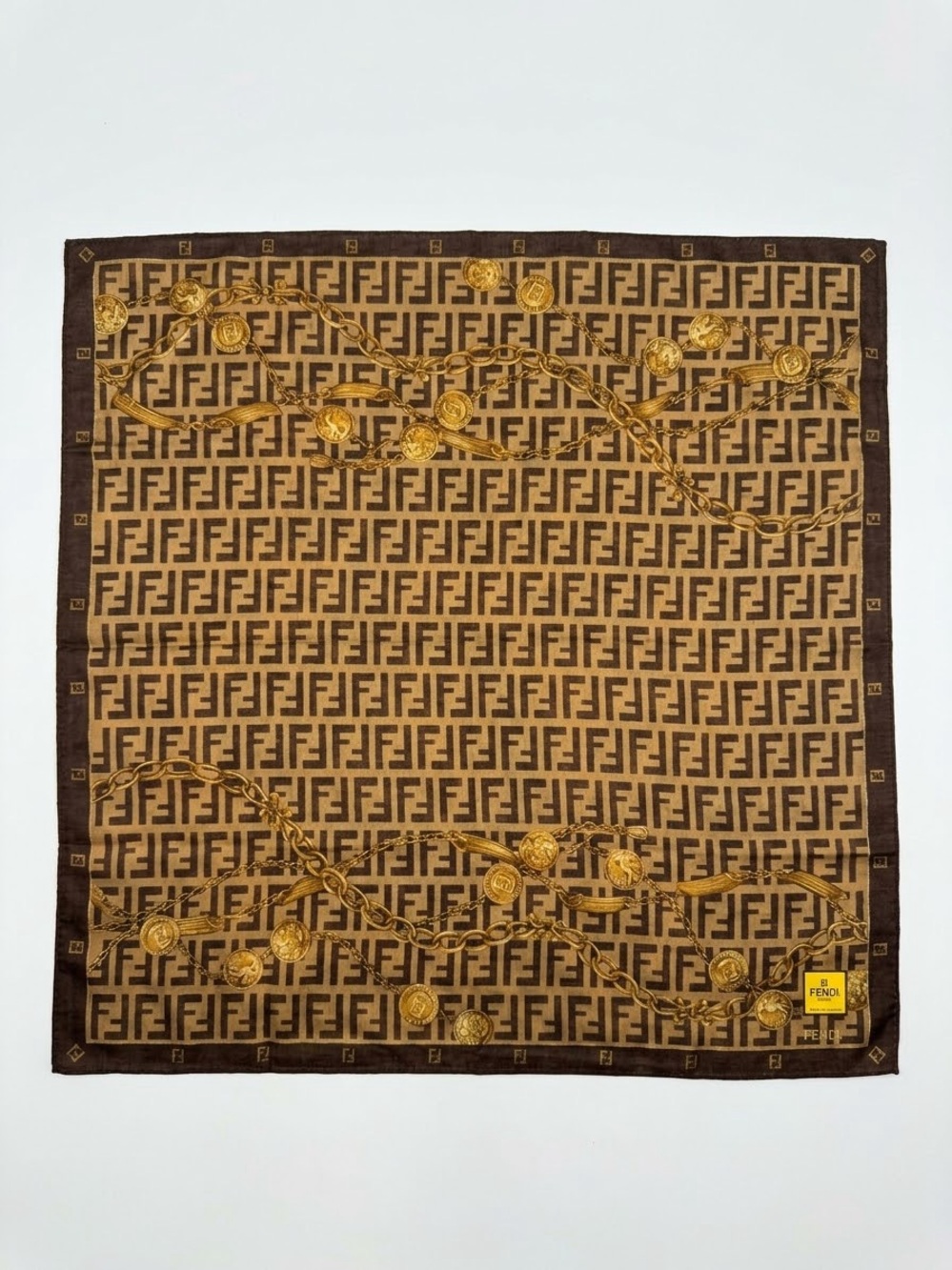 FENDI Vintage FF Logo Chain Coin Print Cotton Handkerchief Scarf Brown